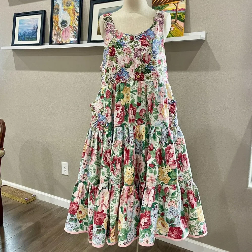 Handmade Floral Tiered Maxi Dress, patch pockets and adjustable straps, Size L - Picture 8 of 16